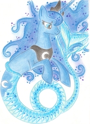 Size: 1613x2234 | Tagged: safe, artist:blueaugen, princess luna, alicorn, hybrid, mermaid, merpony, pony, sea pony, seapony (g4), g4, blue eyes, blue mane, crown, cute, ethereal mane, female, fish tail, flowing mane, hoof shoes, horn, jewelry, mare, mermaid tail, mermaidized, regalia, seaponified, seapony luna, simple background, smiling, solo, sparkles, species swap, starry mane, swimming, tail, traditional art, underwater, water, white background