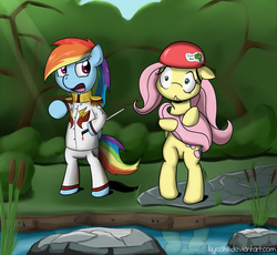 Size: 1050x968 | Tagged: safe, artist:kiyoshiii, fluttershy, rainbow dash, pony, g4, bipedal, clothes, helmet, mxc, takeshi's castle