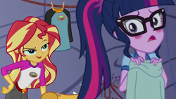 Size: 1280x720 | Tagged: safe, screencap, sci-twi, sunset shimmer, twilight sparkle, equestria girls, g4, my little pony equestria girls: legend of everfree, blushing, lidded eyes, ponytail