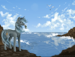Size: 1300x1000 | Tagged: safe, artist:alicesmitt31, oc, oc only, coffee, commission, ocean, scenery, solo