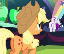 Size: 741x618 | Tagged: safe, screencap, applejack, coloratura, pony, g4, the mane attraction, butt, countess coloratura, cropped, eyes on the prize, female, looking at butt, mare, plot
