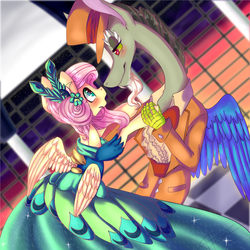 Size: 1024x1024 | Tagged: safe, artist:loladotz, discord, fluttershy, g4, make new friends but keep discord, blushing, clothes, dancing, dress, eye contact, female, gala dress, looking at each other, male, ship:discoshy, shipping, straight
