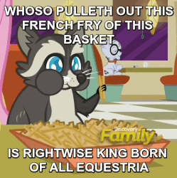 Size: 573x576 | Tagged: safe, edit, edited screencap, screencap, mr. waddle, smoky jr., raccoon, g4, the saddle row review, animated, caption, cropped, discovery family logo, food, french fries, hay fries, image macro, king arthur, loop, meme, sir thomas malory