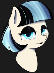 Size: 1219x1639 | Tagged: safe, artist:neighday, coco pommel, g4, black background, female, frown, goth, lidded eyes, looking at you, simple background, solo, unamused