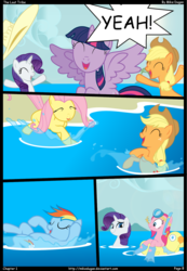 Size: 1035x1499 | Tagged: safe, artist:mikedugan, applejack, fluttershy, pinkie pie, rainbow dash, rarity, twilight sparkle, alicorn, earth pony, pegasus, pony, unicorn, comic:the lost tribe, g4, ^^, comic, eyes closed, female, mane six, mare, ocean, summer, swimming, twilight sparkle (alicorn), water