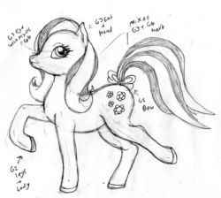 Size: 1118x1000 | Tagged: safe, artist:nightottsel, earth pony, pony, g1, g2, g3, g4, bow, female, g5 speculation, grayscale, mare, monochrome, solo, speculation, tail bow, traditional art