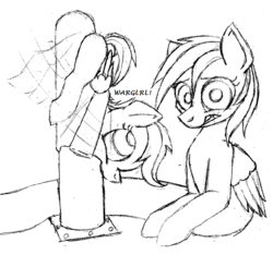 Size: 1052x984 | Tagged: safe, artist:adlaz, rainbow dash, scootaloo, pegasus, pony, series:tube dash, g4, female, filly, foal, mare, monochrome, object stuffing, traditional art, wharrgarbl