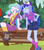 Size: 496x570 | Tagged: safe, screencap, princess celestia, princess luna, principal celestia, vice principal luna, equestria girls, g4, my little pony equestria girls: legend of everfree, boots, cap, clothes, crescent moon, eyes closed, hand on hip, hat, moon, raised leg, sash, scarf, scout uniform, socks, sun, table, tree