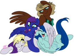 Size: 2100x1600 | Tagged: safe, artist:dragonfoxgirl, derpy hooves, oc, pegasus, pony, g4, :p, cuddle puddle, cuddling, pegasus oc, pony pile, simple background, tickling, tongue out, transparent background