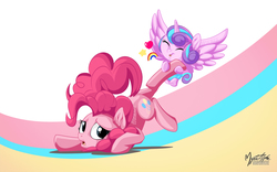 Size: 2560x1600 | Tagged: safe, artist:mysticalpha, pinkie pie, princess flurry heart, alicorn, earth pony, pony, g4, baby, cute, diaper, diapinkes, eyes closed, female, floating heart, flurrybetes, flying, foal, heart, karma, mare, rainbow, wallpaper