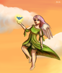 Size: 2705x3220 | Tagged: safe, artist:kysimon, fluttershy, bird, human, g4, barefoot, clothes, dress, feet, female, flying, high res, humanized, solo, winged humanization