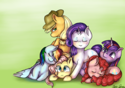 Size: 2916x2058 | Tagged: safe, artist:kysimon, applejack, fluttershy, pinkie pie, rainbow dash, rarity, twilight sparkle, g4, cuddle puddle, cuddling, eyes closed, high res, mane six, pony pile, prone, sleeping, snuggling