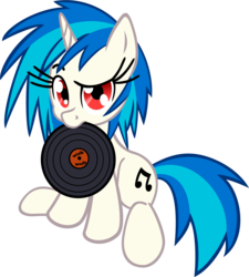 Size: 4000x4452 | Tagged: safe, artist:leadhooves, artist:shelmo69, dj pon-3, vinyl scratch, pony, unicorn, g4, cutie mark, female, hooves, horn, mare, mouth hold, record, simple background, sitting, solo, text, transparent background, vector, wrong eye color