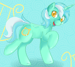 Size: 700x627 | Tagged: dead source, safe, artist:lustrous-dreams, lyra heartstrings, pony, unicorn, g4, abstract background, colored pupils, cutie mark background, female, looking at you, smiling, solo