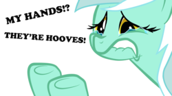 Size: 1250x702 | Tagged: safe, artist:nightgreenmagician, lyra heartstrings, pony, unicorn, g4, female, humie, lip bite, no hands, sad, solo, teary eyes, that pony sure does love hands