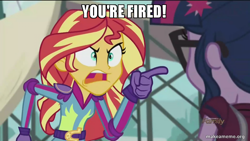 Size: 800x450 | Tagged: safe, edit, edited screencap, screencap, sci-twi, sunset shimmer, twilight sparkle, equestria girls, g4, my little pony equestria girls: friendship games, caption, image macro, makeameme.org, meme, sunset yells at twilight, vince mcmahon, wwe, you're fired