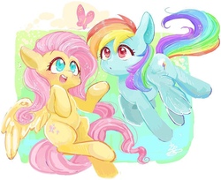 Size: 1044x850 | Tagged: safe, artist:sibashen, fluttershy, rainbow dash, butterfly, g4, colored pupils, cute, dashabetes, duo, shyabetes