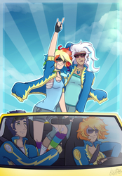 Size: 1250x1800 | Tagged: safe, artist:monnarcha, fleetfoot, rainbow dash, soarin', spitfire, human, g4, clothes, convertible, devil horn (gesture), driving, fingerless gloves, gloves, humanized, legs, pants, seatbelt, shorts, signature, sunglasses, tongue out, wonderbolts