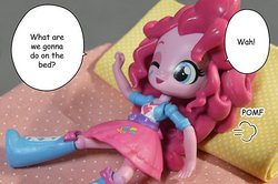 Size: 600x399 | Tagged: safe, artist:uotapo, pinkie pie, equestria girls, g4, bed, boots, clothes, comic, doll, equestria girls minis, eqventures of the minis, irl, manga, on bed, photo, pomf, skirt, toy, what are we gonna do on the bed?
