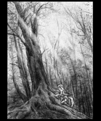 Size: 800x962 | Tagged: safe, artist:hewison, fluttershy, g4, climbing, crepuscular rays, female, forest, grayscale, looking up, monochrome, solo, traditional art