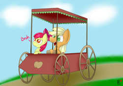 Size: 1000x700 | Tagged: safe, artist:coolpup126, apple bloom, applejack, g4, the cart before the ponies, applewood derby, bruh, open mouth, sisters