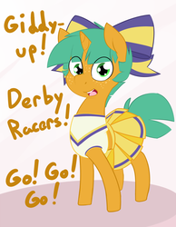 Size: 1280x1646 | Tagged: safe, artist:kryptchild, snails, ask glitter shell, g4, the cart before the ponies, applewood derby, ask, cheerleader, clothes, crossdressing, glitter shell, hair bow, midriff, pleated skirt, skirt, solo, tumblr
