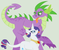 Size: 3180x2728 | Tagged: safe, artist:awkwardchiid, rarity, spike, classical unicorn, g4, :p, eye contact, female, fire ruby, floppy ears, glare, high res, horn, leonine tail, male, older, older spike, raised hoof, ship:sparity, shipping, smirk, straight, tongue out, unshorn fetlocks