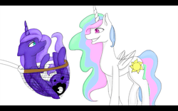 Size: 1440x900 | Tagged: safe, artist:emptyblackdeath, princess celestia, princess luna, g4, butterfly net, floppy ears, grin, luna is not amused, pun, royal sisters, simple background, smiling, unamused