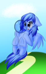 Size: 1200x1920 | Tagged: safe, artist:icy wings, oc, oc only, oc:frost soar, ball, flying, solo, underhoof