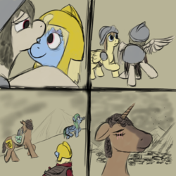 Size: 768x768 | Tagged: safe, artist:thebathwaterhero, oc, oc only, oc:maximilian, oc:misty horizons, oc:sunny days, earth pony, pegasus, pony, unicorn, series:entrapment, armor, cloud, cute, helmet, kissing, ruins, saddle bag, scenery, shoulder pads, smoke, soldier, story included, sword, town, weapon