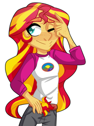 Size: 1024x1365 | Tagged: dead source, safe, artist:confusedkat, sunset shimmer, equestria girls, g4, my little pony equestria girls: legend of everfree, female, freckles, one eye closed, peppered bacon, simple background, solo, wink