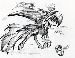 Size: 1247x965 | Tagged: safe, artist:il-phantom, rainbow dash, g4, artificial wings, augmented, clothes, female, mechanical wing, monochrome, solo, steampunk, wings