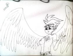 Size: 1857x1423 | Tagged: safe, artist:marewile, spitfire, human, g4, belt, female, humanized, monochrome, sketch, solo, traditional art, winged humanization, wonderbolts dress uniform