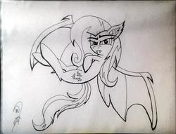 Size: 1862x1424 | Tagged: safe, artist:marewile, fluttershy, bat pony, pony, g4, female, flutterbat, monochrome, race swap, raised eyebrow, sketch, solo, traditional art