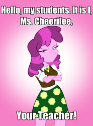 Size: 1700x2300 | Tagged: safe, artist:mofetafrombrooklyn, cheerilee, equestria girls, g4, female, image macro, meme, smug, solo