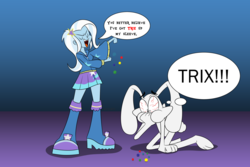 Size: 2700x1800 | Tagged: safe, artist:mofetafrombrooklyn, trixie, rabbit, equestria girls, cereal, covering mouth, eyes closed, food, hand on mouth, puffy cheeks, pun, sleeve, tricks up my sleeve, trix, trix rabbit, vein, visual pun