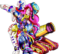 Size: 3711x3395 | Tagged: safe, artist:brother-lionheart, pinkie pie, oc, oc:april lady, oc:smile, g4, high res, jojo pose, jojo's bizarre adventure, party cannon, stand, tank (vehicle)
