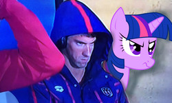 Size: 1000x600 | Tagged: safe, artist:snapai, twilight sparkle, human, g4, barely pony related, clothes, cosplay, costume, irl, irl human, michael phelps, olympics, photo