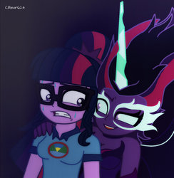 Size: 1320x1352 | Tagged: safe, artist:php198, sci-twi, twilight sparkle, equestria girls, g4, my little pony equestria girls: legend of everfree, duality, midnight sparkle, nightmare, scared, scene interpretation, sci-twi's nightmare, self paradox, smiling