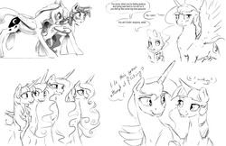 Size: 1280x828 | Tagged: safe, artist:silfoe, princess cadance, princess celestia, princess luna, spike, twilight sparkle, alicorn, dragon, pony, other royal book, g4, :i, :o, :p, alicorn tetrarchy, bedroom eyes, blushing, butt bite, chest fluff, cute, cutelestia, dialogue, eye contact, female, floppy ears, fluffy, grayscale, grin, lesbian, lidded eyes, looking at each other, male, monochrome, older, older twilight, royal sisters, ship:twiluna, shipping, simple background, sketch, smiling, speech bubble, spread wings, tongue out, twilight sparkle (alicorn), white background, wide eyes
