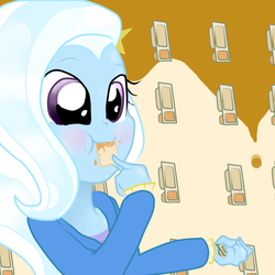 Size: 1024x1024 | Tagged: safe, artist:lorepeepsblue, trixie, equestria girls, g4, blush sticker, blushing, crackers, cute, diatrixes, female, food, peanut butter, peanut butter crackers, solo, that human sure does love peanut butter crackers