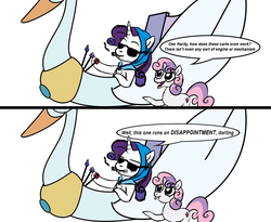 Size: 1200x985 | Tagged: safe, artist:velgarn, rarity, sweetie belle, pony, swan, unicorn, g4, the cart before the ponies, cart, cigar, comic, disappointment, duo, female, filly, foal, mare, smoking, speech bubble, sunglasses, swanlestia cart