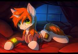 Size: 1200x845 | Tagged: safe, artist:hioshiru, oc, oc only, oc:littlepip, pony, unicorn, fallout equestria, bed, clothes, cute, fanfic, fanfic art, female, fluffy, hooves, horn, jumpsuit, looking at you, lying down, mare, pipboy, pipbuck, prone, smiling, solo, sploot, vault suit