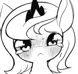 Size: 992x944 | Tagged: safe, artist:ccc, princess luna, alicorn, pony, :<, blushing, bust, crying, cute, female, filly, frown, grayscale, looking at you, lunabetes, mare, monochrome, portrait, sad, shivering, solo, sweat, woona