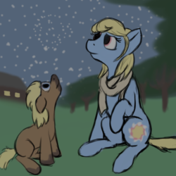 Size: 600x600 | Tagged: safe, artist:thebathwaterhero, oc, oc only, oc:sunny days, earth pony, pony, series:entrapment, adult, child, clothes, colt, cutie mark, female, foal, forest, lights, male, mare, mother, mother and son, night, q&a, scarf, stars, story included, tree, window