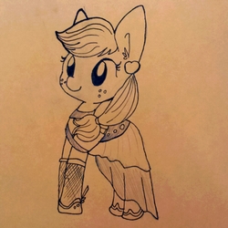 Size: 908x907 | Tagged: safe, artist:tjpones, applejack, earth pony, pony, g4, clothes, dress, ear fluff, ear piercing, earring, female, fishnet stockings, freckles, grayscale, jewelry, monochrome, piercing, ponytail, solo, traditional art