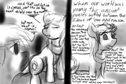 Size: 900x600 | Tagged: safe, artist:thebathwaterhero, oc, oc only, oc:sunny days, earth pony, pony, series:entrapment, child, clothes, colt, cutie mark, female, male, mare, monochrome, mother, mother and son, scarf, story included, talking, text