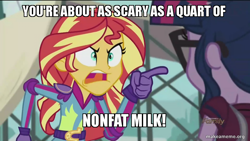 Size: 800x450 | Tagged: safe, edit, edited screencap, screencap, sci-twi, sunset shimmer, twilight sparkle, equestria girls, g4, my little pony equestria girls: friendship games, caption, dave the barbarian, image macro, makeameme.org, meme, sunset yells at twilight
