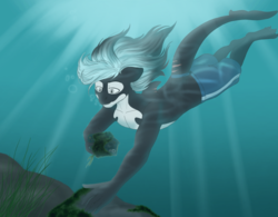Size: 1024x798 | Tagged: safe, artist:blackblood-queen, oc, oc only, oc:mako, hybrid, orca pony, original species, anthro, anthro oc, clothes, partial nudity, solo, topless
