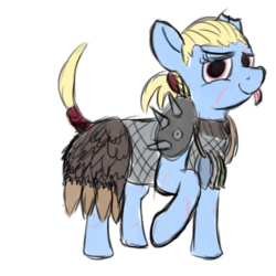 Size: 600x600 | Tagged: safe, artist:thebathwaterhero, oc, oc only, oc:sunny days, earth pony, pony, series:entrapment, alternate timeline, alternate universe, armor, bad end, corrupted, ears, evil, female, gladiator, jewelry, mare, necklace, scar, slave, solo, tail wrap, tongue out